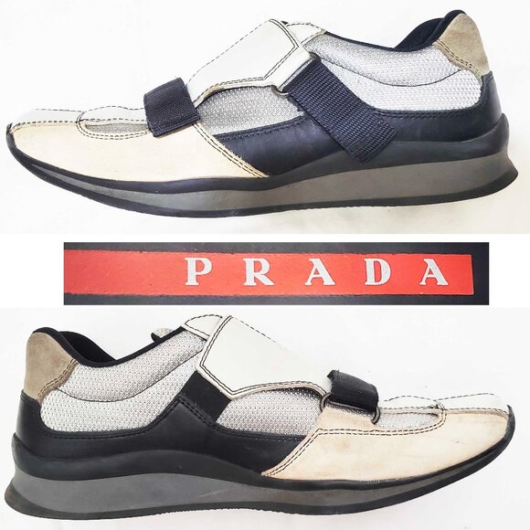 Prada Vintage Mens Leather Mesh Velcro Strap Low Top Sneakers Shoes 8.5 - Picture 1 of 9